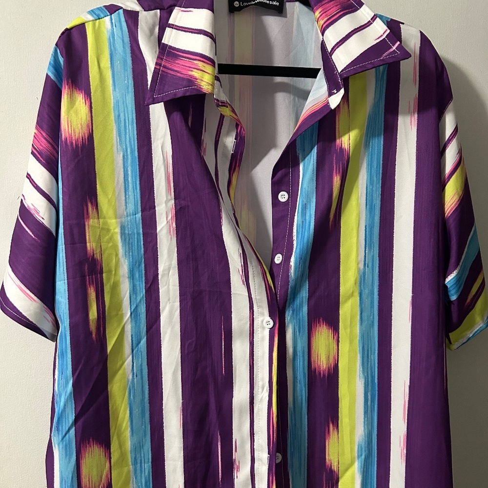 Shein/Lovely Wholesale Plus Size Summer Casual Colorblock Striped Shirt. 1XL